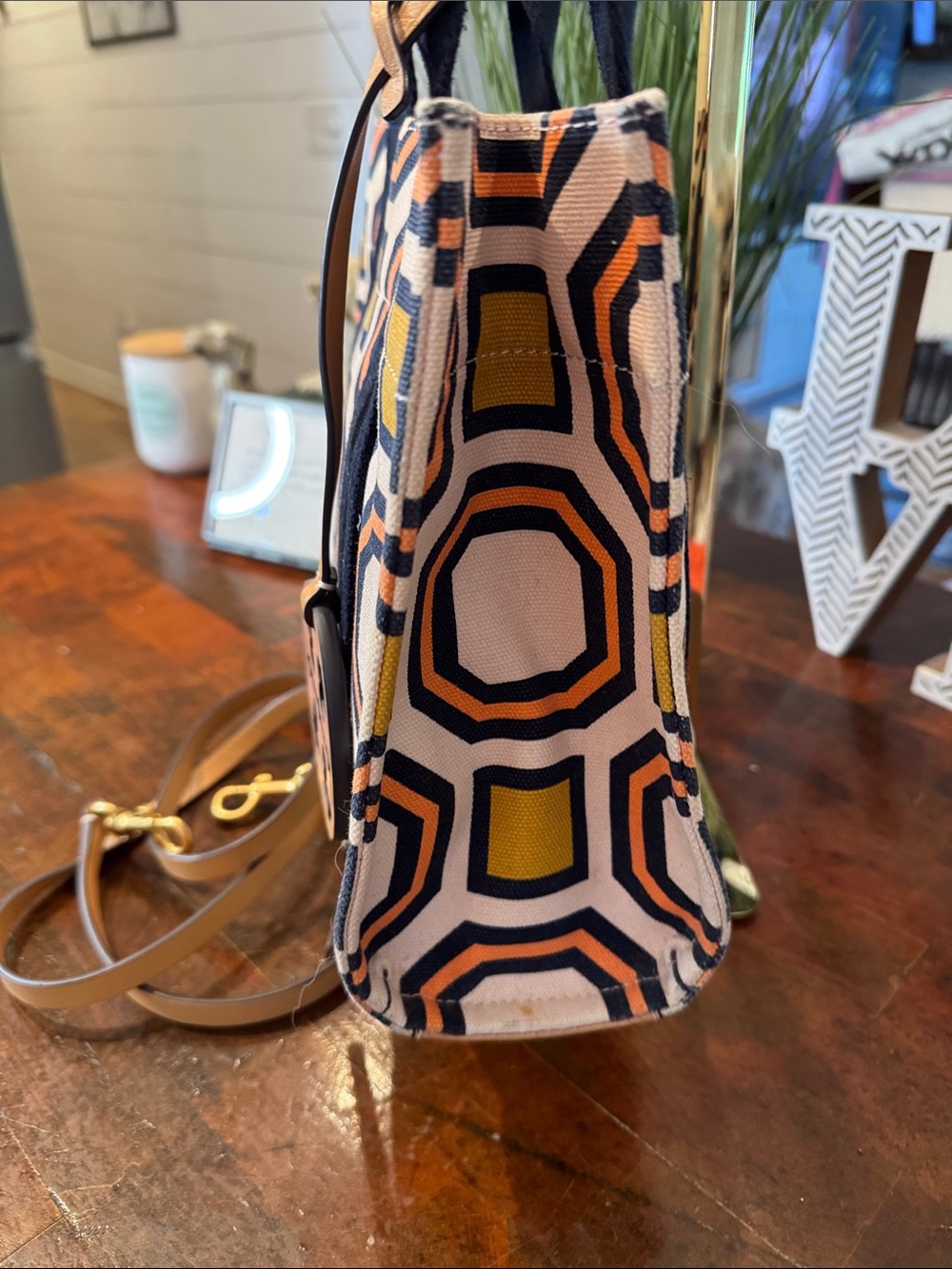 Tory Burch Navy, Coral & Mustard Geometric Canvas Tote with Tan Leather Strap - Picture 3 of 12